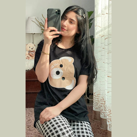 Black Bear Print Half Sleeves Shirt With Check Print Trouser (KO-NS-439)