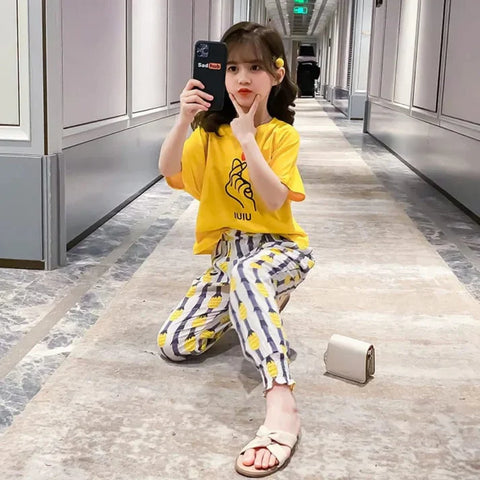 Yellow Love Charm Print Half Sleeves Shirt With Pineapple Printed Trouser Suit for Kids (TNW-470)