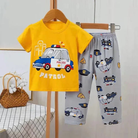 Yellow Car Print Half Sleeves T-shirt With Printed Pajama Suit for Kids (TNW-474)