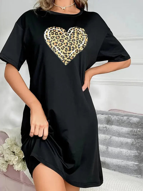 Black With Cheetah Heart Print Long Shirt For Women (TNW-509)