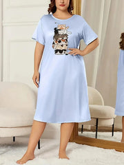 Sky Blue Cats Print Long Shirt For Women (TNW-512)