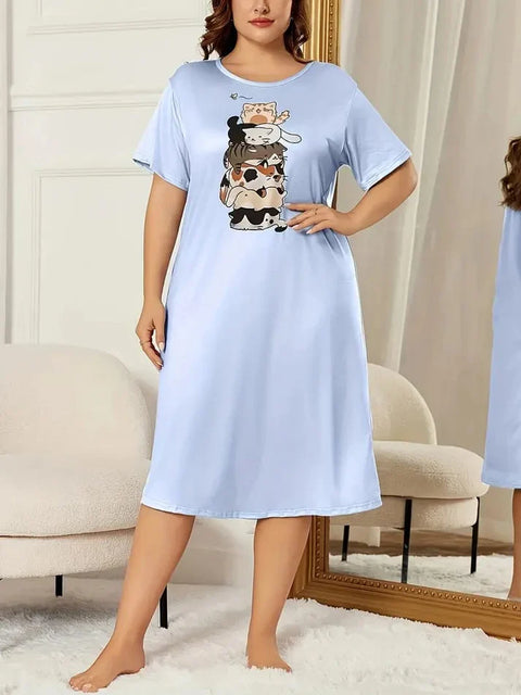 Sky Blue Cats Print Long Shirt For Women (TNW-512)