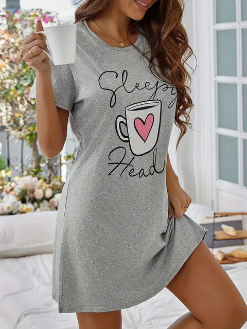 Grey With Sleepy Head Print Long Shirt For Women (TNW-513)