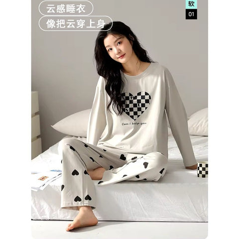 Grey Puzzle Heart Print With Heart Printed Trouser Full Sleeves Night Suit