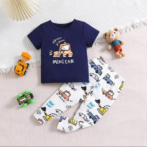 Navy Blue Mini Car with White pajama Printed Kids Night Suit (TNW-616)