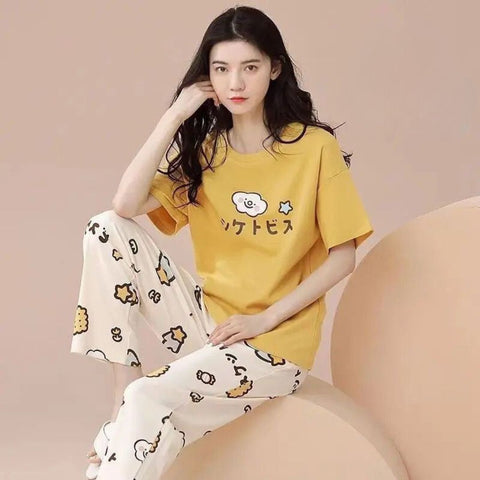 Yellow Little Bear Print Half Sleeves Printed Night Suit (KO-NS-499)