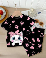 Black Kitty With Pink Hearts Print Kids Night Suit (TNW-601)