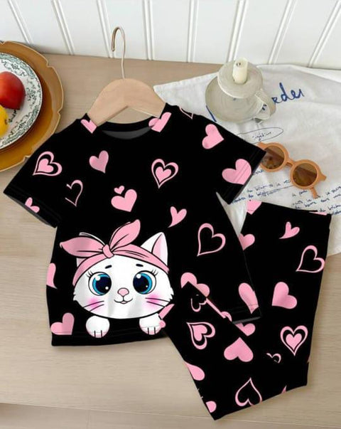 Black Kitty With Pink Hearts Print Kids Night Suit (TNW-601)