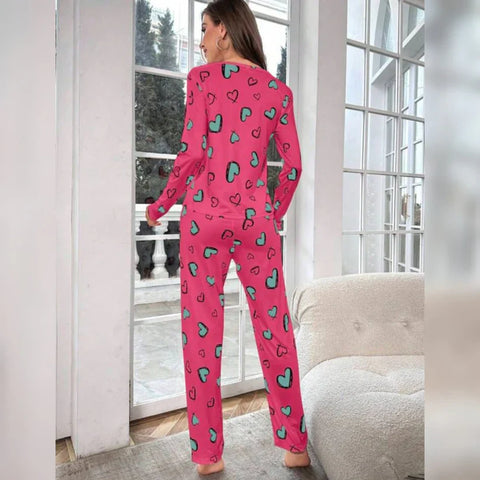 Shocking Pink With Green Herats Print With Hearts Printed Trouser (KO-NS-492)