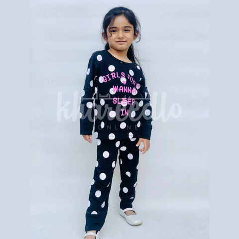 Black Polka Dot wanna sleep Printed Kids Night Suit (TNW-607)