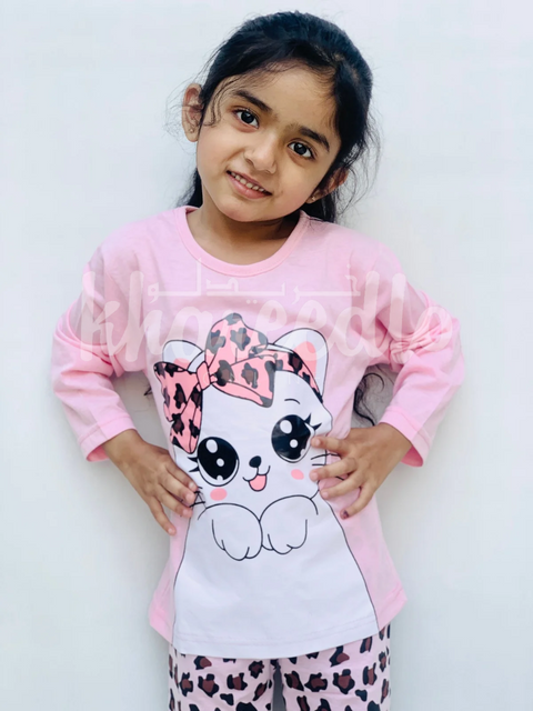 Pink Cute Kitty with cheetha pajama Printed Kids Night Suit (TNW-612)