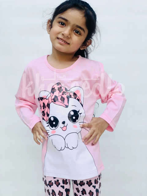 Pink Cute Kitty with cheetha pajama Printed Kids Night Suit (TNW-612)