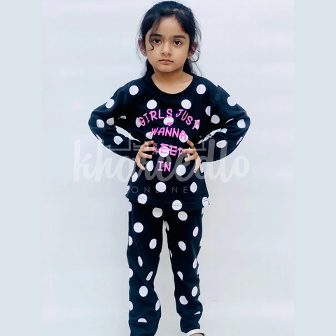 Black Polka Dot wanna sleep Printed Kids Night Suit (TNW-607)