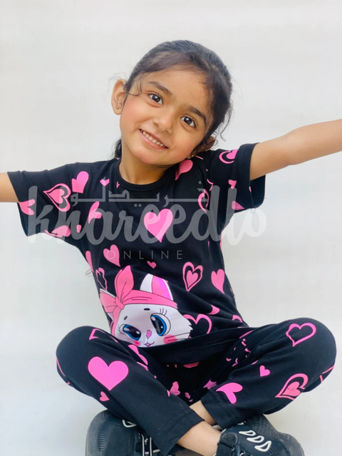 Black Kitty With Pink Hearts Print Kids Night Suit (TNW-601)
