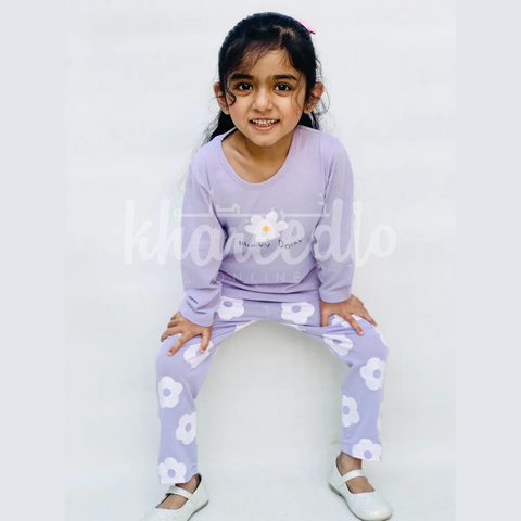 Purple Daisy Flowers Printed Kids Night Suit (TNW-606)
