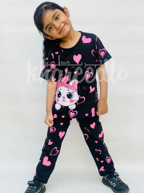Black Kitty With Pink Hearts Print Kids Night Suit (TNW-601)