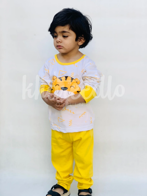 Off White Lion with yellow pajama Printed Kids Night Suit (TNW-609)