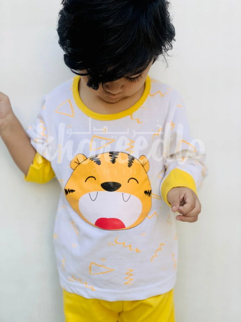 Off White Lion with yellow pajama Printed Kids Night Suit (TNW-609)