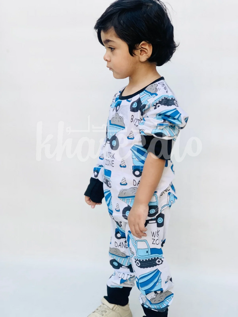 White and Blue Big Truck Printed Kids Night Suit (TNW-615)