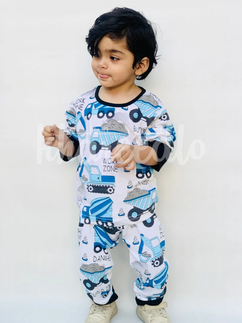 White and Blue Big Truck Printed Kids Night Suit (TNW-615)
