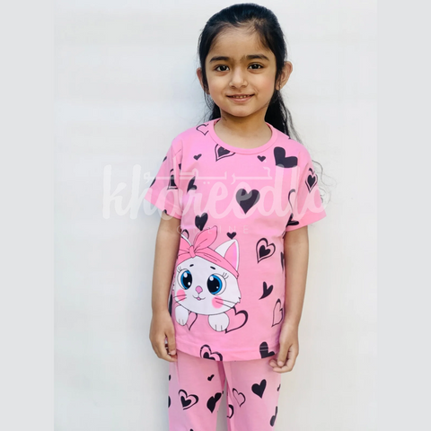Pink Kitty with black hearts Printed Kids Night Suit (TNW-611)