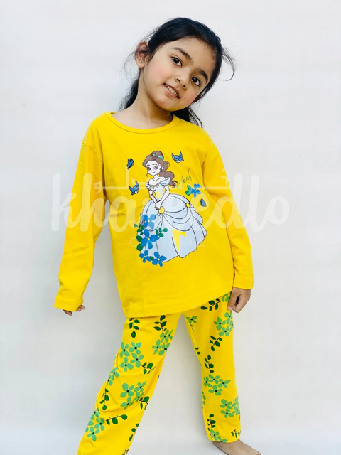 Yellow Barbie Girl Printed Full Sleeves T-shirt with Flower Printed Pajama Kids Suits (TNW-619)