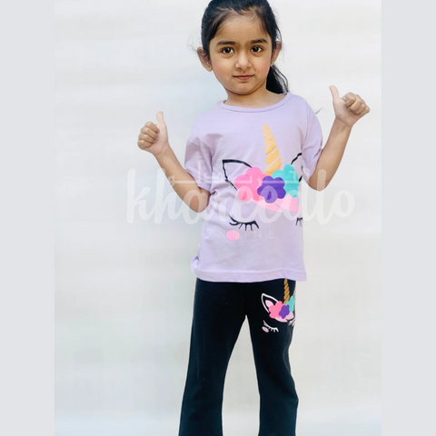 Purple Unicorn Printed Half Sleeves Printed Kids Night Suit (TNW-618)
