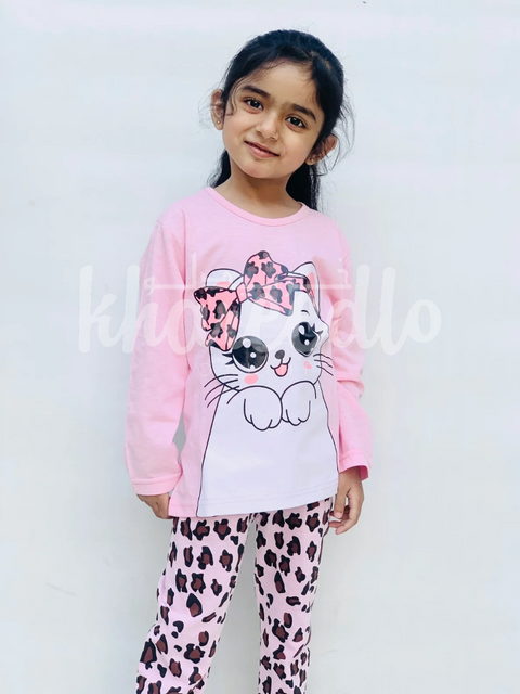 Pink Cute Kitty with cheetha pajama Printed Kids Night Suit (TNW-612)