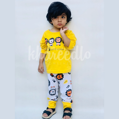 Yellow Lion Printed Full Sleeves T-shirt with Off White Lion Printed Pajama Kids Suits (TNW-620)