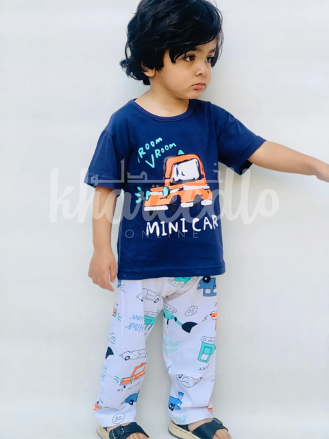 Navy Blue Mini Car with White pajama Printed Kids Night Suit (TNW-616)