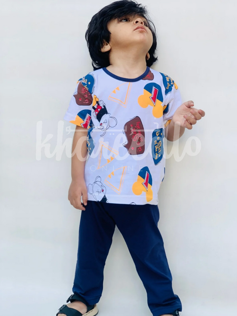 White Multi Bears Print Kids Night Suit (TNW-608)