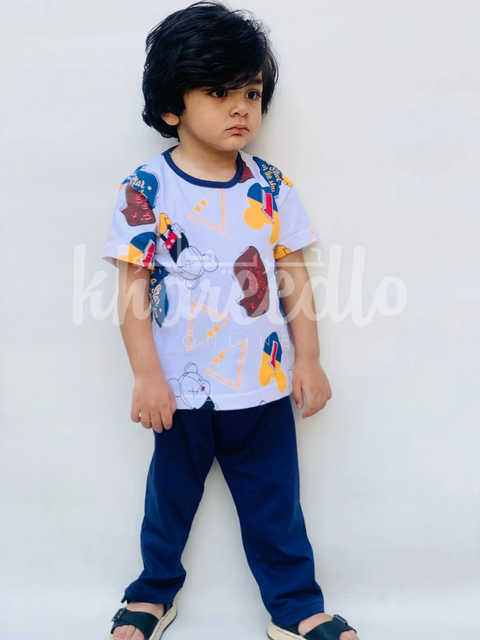 White Multi Bears Print Kids Night Suit (TNW-608)
