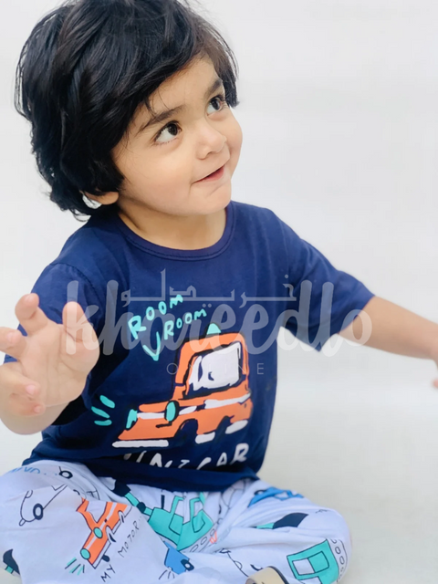 Navy Blue Mini Car with White pajama Printed Kids Night Suit (TNW-616)