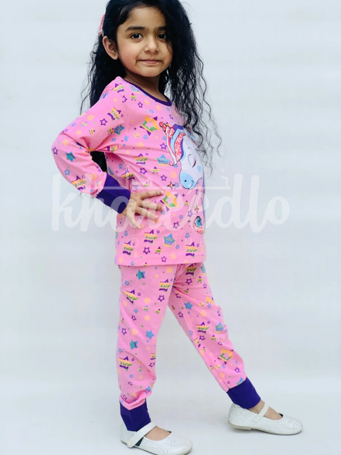 Pink Unicorn Multi Star Printed Full Sleeves Printed Pajama Kids Night Suit (TNW-617)