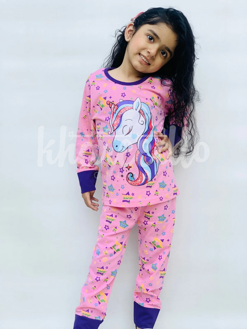 Pink Unicorn Multi Star Printed Full Sleeves Printed Pajama Kids Night Suit (TNW-617)