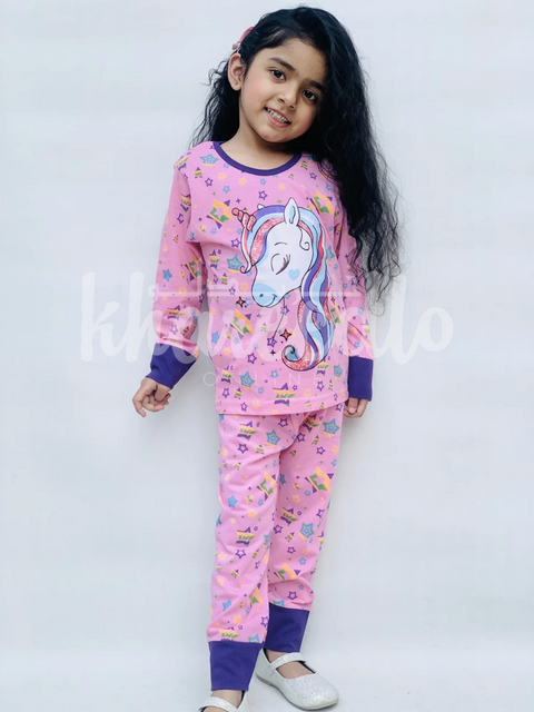 Pink Unicorn Multi Star Printed Full Sleeves Printed Pajama Kids Night Suit (TNW-617)