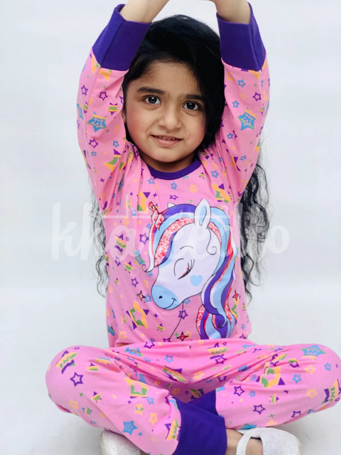 Pink Unicorn Multi Star Printed Full Sleeves Printed Pajama Kids Night Suit (TNW-617)