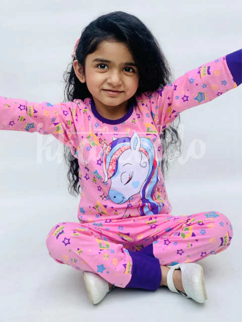 Pink Unicorn Multi Star Printed Full Sleeves Printed Pajama Kids Night Suit (TNW-617)