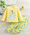 Yellow Barbie Girl Printed Full Sleeves T-shirt with Flower Printed Pajama Kids Suits (TNW-619)