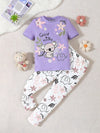 Lilac Good Night Floral Bear Printed Half Sleeves T-shirt with Floral Printed Pajama Kids Suits (TNW-625)