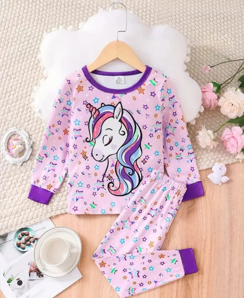 Pink Unicorn Multi Star Printed Full Sleeves Printed Pajama Kids Night Suit (TNW-617)
