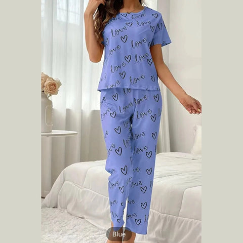 Sky Blue Love Heart Print Half Sleeves Shirt With Printed Trouser (KO-NS-458)
